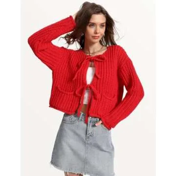 Yimoon Womens Tie Front Chunky Cardigan Sweater Cropped Long Sleeve Open Front Cardigan Knit Trendy Sweater Tops (Red-M)