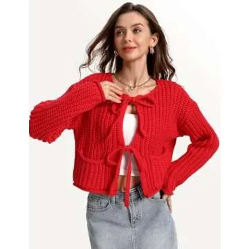 Yimoon Womens Tie Front Chunky Cardigan Sweater Cropped Long Sleeve Open Front Cardigan Knit Trendy Sweater Tops (Red-M)