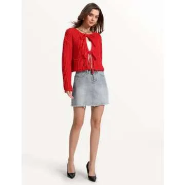 Yimoon Womens Tie Front Chunky Cardigan Sweater Cropped Long Sleeve Open Front Cardigan Knit Trendy Sweater Tops (Red-M)