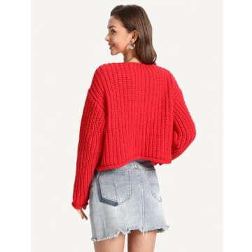 Yimoon Womens Tie Front Chunky Cardigan Sweater Cropped Long Sleeve Open Front Cardigan Knit Trendy Sweater Tops (Red-M)