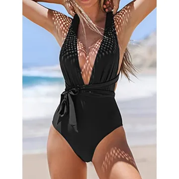 CUPSHE Women's One Piece Swimsuit Sexy Deep V Neck Black Tie Bathing Suit, L