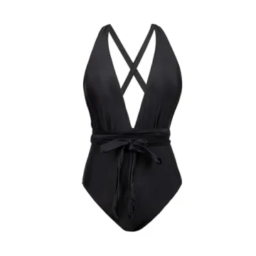 CUPSHE Women's One Piece Swimsuit Sexy Deep V Neck Black Tie Bathing Suit, L