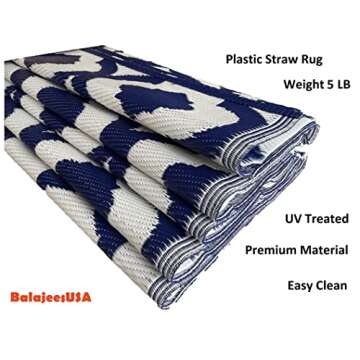 BalajeesUSA Recycled Outdoor Plastic Patio Rugs Clearance Waterproof RV Camper Rug Large Reversible mats 6'x9' Blue & White 20317