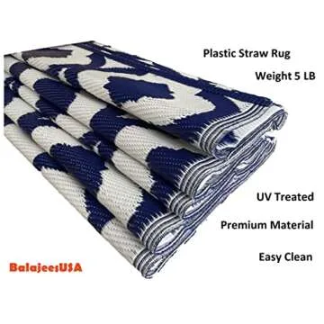 BalajeesUSA Recycled Outdoor Plastic Patio Rugs Clearance Waterproof RV Camper Rug Large Reversible mats 6'x9' Blue & White 20317