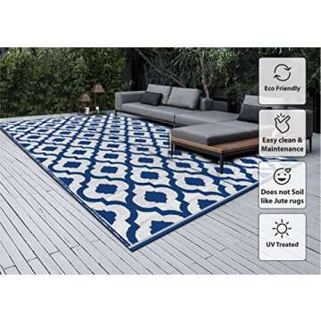 BalajeesUSA Recycled Outdoor Plastic Patio Rugs Clearance Waterproof RV Camper Rug Large Reversible mats 6'x9' Blue & White 20317