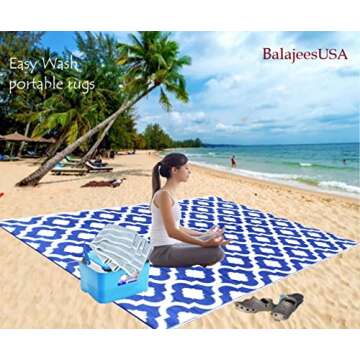 BalajeesUSA Recycled Outdoor Plastic Patio Rugs Clearance Waterproof RV Camper Rug Large Reversible mats 6'x9' Blue & White 20317