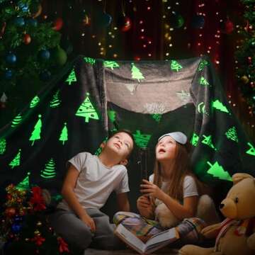 PAVILIA Glow in The Dark Blanket, Christmas Tree Gift for Girls Boys, Toy Blanket for 1 2 3 4 5 6 7 8 9 10 Year Old, Soft Plush Fleece Kids Gift Blanket for Birthday, Christmas, Room Decor, 60x80