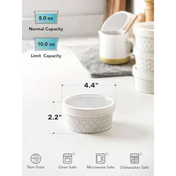 LE TAUCI Ramekins with Lids, 8 oz Ramikin Set for Creme brulee, Souffle, Dipping Sauces, Ceramic Food Storage Containers Great for leftovers - 4.4 inch, Set of 4, Arctic White