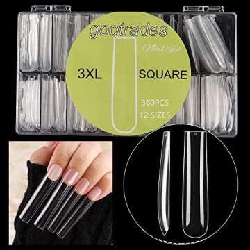 INENK 3XL Tapered Square Full Cover Nail Tips,360Pcs Clear XXXL Extra Long Straight Nail Tips for Acrylic & Press On nails, Manicure Tools Salon Home DIY (12 Sizes)