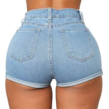 Yyibsones Women's Casual Stretchy Denim Shorts High Waisted Folded Hem Jeans Shorts (XXL, Light Blue...