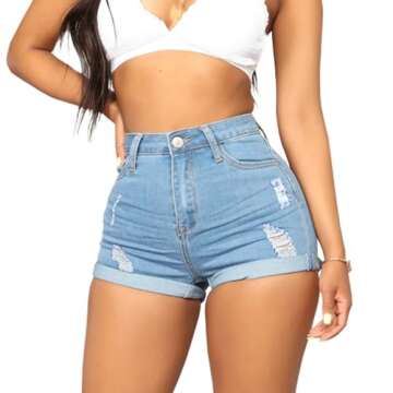 Yyibsones Women's Casual Stretchy Denim Shorts High Waisted Folded Hem Jeans Shorts (XXL, Light Blue 1)