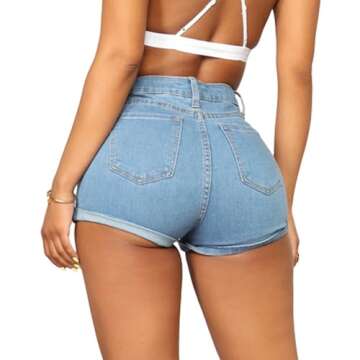 Yyibsones Women's Casual Stretchy Denim Shorts High Waisted Folded Hem Jeans Shorts (XXL, Light Blue 1)