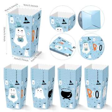 K KUMEED 24 PCS Blue Halloween Popcorn Favor Boxes,Halloween Party Supplies Cute Ghost Popcorn Bowls Popcorn Buckets Popcorn Bags,Boo Theme Candy Cookie Container for Kids