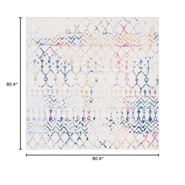 SAFAVIEH Tulum Collection Area Rug - 6'7" Square, Ivory & Blue, Moroccan Boho Distressed Design, Non...