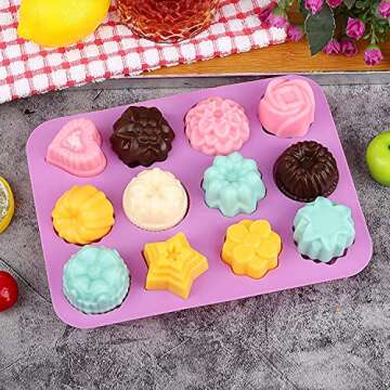 DEVIN0705 Food Grade Silicone Flowers Molds, Baking Pan with Flowers and Heart Shape Non-Stick 4-Pack Silicone Molds for Chocolate, Candy, Jelly, Ice Cube, Muffin (Pink, purple，Blue and Green)