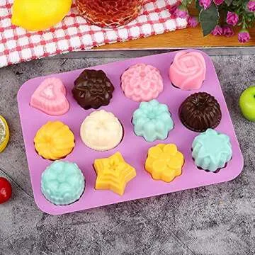 DEVIN0705 Food Grade Silicone Flowers Molds, Baking Pan with Flowers and Heart Shape Non-Stick 4-Pack Silicone Molds for Chocolate, Candy, Jelly, Ice Cube, Muffin (Pink, purple，Blue and Green)