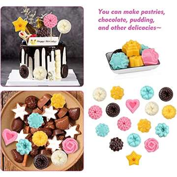 DEVIN0705 Food Grade Silicone Flowers Molds, Baking Pan with Flowers and Heart Shape Non-Stick 4-Pack Silicone Molds for Chocolate, Candy, Jelly, Ice Cube, Muffin (Pink, purple，Blue and Green)