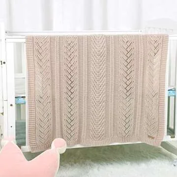 mimixiong Cotton Baby Blanket Knitted Crochet Receiving Crib Nursery Swaddling Blankets for Newborn Baby Boy Girl White 30x40 Inch