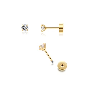 Tiny 2mm Gold CZ Stud Earrings with Flat Screw Back