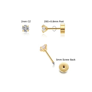Tiny 2mm Gold CZ Stud Earrings with Flat Screw Back