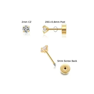 Tiny 2mm Gold CZ Stud Earrings with Flat Screw Back