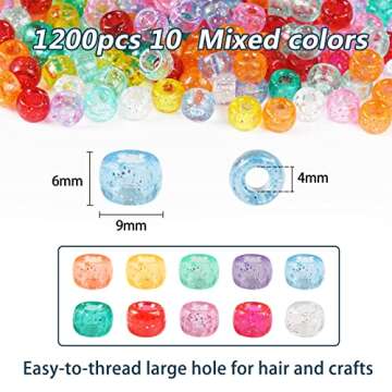 Pony Beads, 2400Pcs 6x9mm Including 1200Pcs Pony Beads and 1200Pcs Glitter Pony Beads Multi-Color Beads for Bracelet Making, Plastic Beads for Craft, Bulk Rainbow Hair Beads for DIY Kandi Jewelry