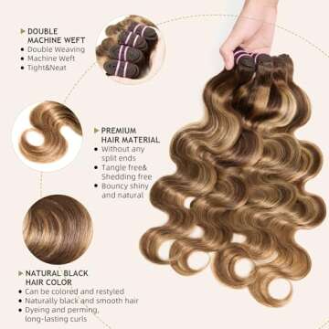 Human Hair Bundles 4 Bundle 16 18 20 22 Inch Hair Extensions Honey Blonde Highlight Body Wave Bundles Human Hair 100% Unprocessed Brazilian Virgin Hair Quick Weave Bundles Human Hair P4/27