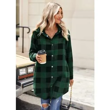 Zeagoo Flannel for Women 2024 Fall Fashion Long Sleeve Plaid Button Down Shirts Shacket Blouse Top with Pockets Dark Green