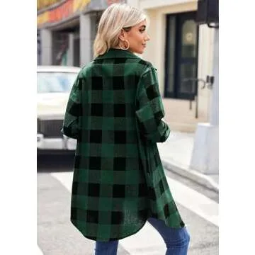 Zeagoo Flannel for Women 2024 Fall Fashion Long Sleeve Plaid Button Down Shirts Shacket Blouse Top with Pockets Dark Green