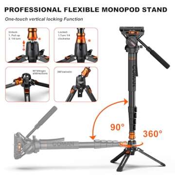 Monopod with Feet, 73.2 inch Professional Camera Monopod Tripod, with New Q6 Fluid Head for DJI RS4 Manfrotto, Aluminum Portable Travel Video Monopod with Removable Tripod Stand Base, Max Load 22 Lbs