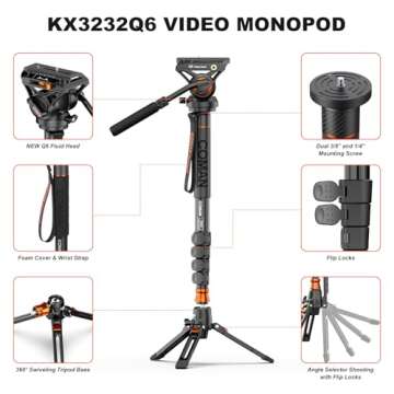 Monopod with Feet, 73.2 inch Professional Camera Monopod Tripod, with New Q6 Fluid Head for DJI RS4 Manfrotto, Aluminum Portable Travel Video Monopod with Removable Tripod Stand Base, Max Load 22 Lbs
