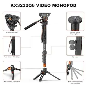 Monopod with Feet, 73.2 inch Professional Camera Monopod Tripod, with New Q6 Fluid Head for DJI RS4 Manfrotto, Aluminum Portable Travel Video Monopod with Removable Tripod Stand Base, Max Load 22 Lbs
