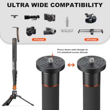 Monopod with Feet, 73.2 inch Professional Camera Monopod Tripod, with New Q6 Fluid Head for DJI RS4 Manfrotto, Aluminum Portable Travel Video Monopod with Removable Tripod Stand Base, Max Load 22 Lbs