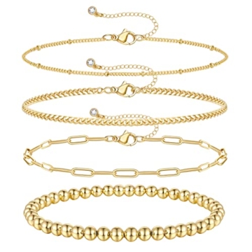 KissYan Gold Layered Bead Bracelets Set for Women - 14K Gold Plated Jewelry