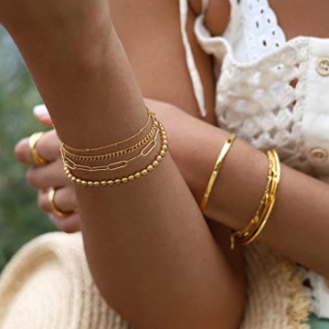 KissYan Gold Layered Bead Bracelets Set for Women - 14K Gold Plated Jewelry