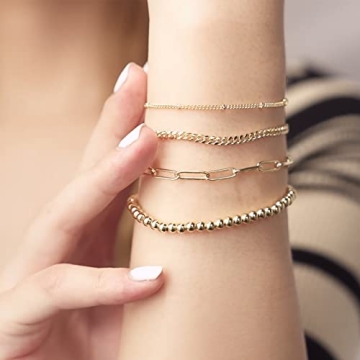 KissYan Gold Layered Bead Bracelets Set for Women - 14K Gold Plated Jewelry