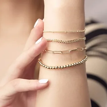 KissYan Gold Layered Bead Bracelets Set for Women - 14K Gold Plated Jewelry