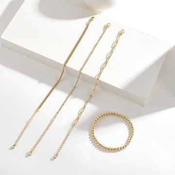 KissYan Gold Layered Bead Bracelets Set for Women - 14K Gold Plated Jewelry