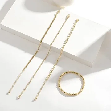 KissYan Gold Layered Bead Bracelets Set for Women - 14K Gold Plated Jewelry