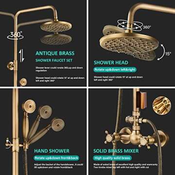 NeierThodore Antique Brass Bathroom Shower Faucet System Set 8 Inch Rainfall Shower Head Handheld Spray 2 Knobs Mixing