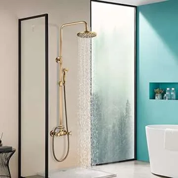 NeierThodore Antique Brass Bathroom Shower Faucet System Set 8 Inch Rainfall Shower Head Handheld Spray 2 Knobs Mixing
