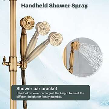 NeierThodore Antique Brass Bathroom Shower Faucet System Set 8 Inch Rainfall Shower Head Handheld Spray 2 Knobs Mixing