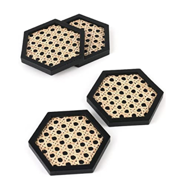 Unique Wooden Rattan Coasters | Stylish Rattan Decor to Protect Surfaces | Set of 4 | Classic Black Coasters for Drinks | Natural Handwoven Design (Hexagon)
