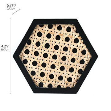 Unique Wooden Rattan Coasters | Stylish Rattan Decor to Protect Surfaces | Set of 4 | Classic Black Coasters for Drinks | Natural Handwoven Design (Hexagon)