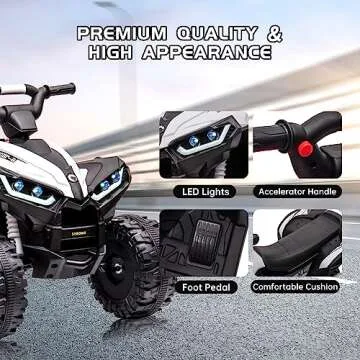 Kids Ride On ATV, 12V 4 Wheeler Battery Powered Ride On Toys with Remote Control(High Low Speeds), Kids Electric Car Truck 4-Wheels Electric Vehicle with Music, Horn, Led Lights for 3+ Kids, White