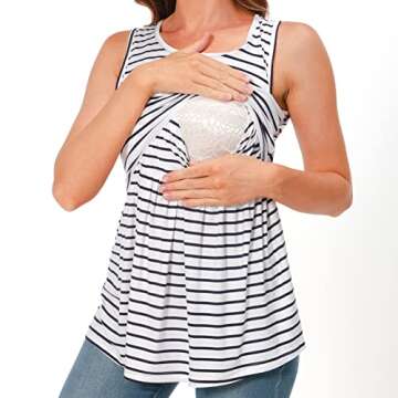 Bearsland Women's Maternity Nursing Tank Tops Sleeveless Scoop Neck Breastfeeding Shirt Pregnancy Clothes,Black&White Stripe&White Flower,S