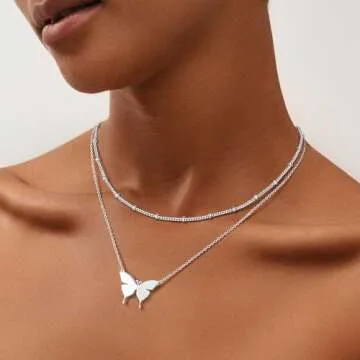 MEVECCO Tiny Butterfly Charm Necklace,18K Sterling Silver Plated Dainty Cute Necklace Minimalist Simple Chain Butterfly Handmade Pendant Necklace Jewelry for Women …