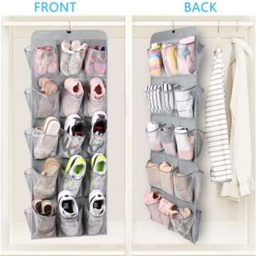 MISSLO 30 Large Pockets Dual Sided Hanging Shoe Organizer for Closet with Rotating Hanger Hanging Shoe Shelves, Grey