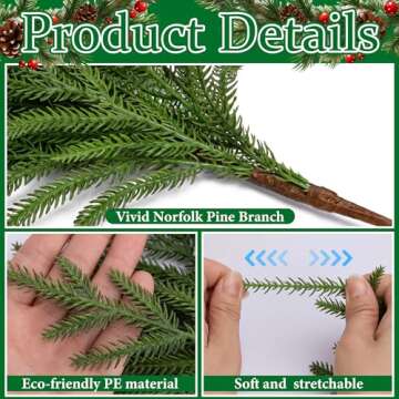 PURPLE STAR 1N 15 Pcs Christmas Norfolk Pine Branches- 19" Extra Length Fake Greenery Norfolk Pine Stems Sprigs- Artificial Xmas Branches Plants Pine Needles for DIY Craft Garland Home Garden Decor