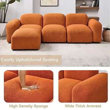 Tmsan Modular Sectional Sofa, Convertible L Shaped Couch, 94.5" Modern Minimalist Cloud Couches for Living Room Set, Comfy Orange Teddy Fabric